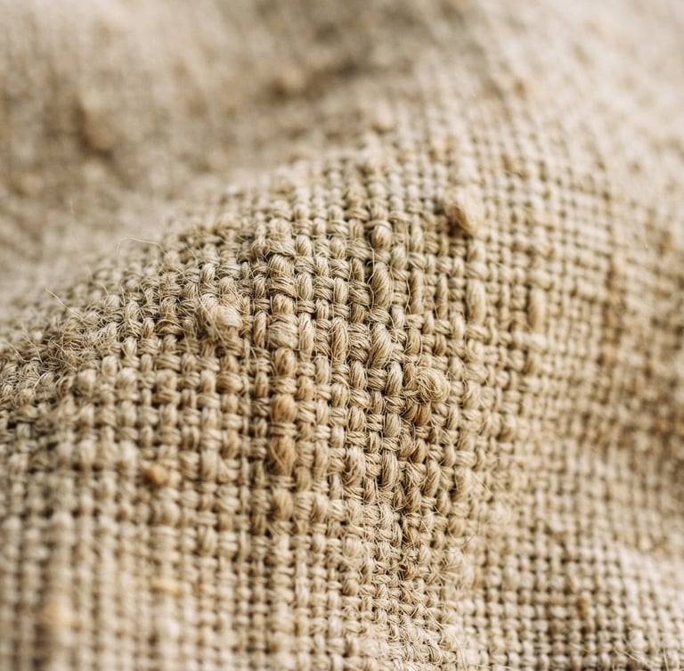 Close-up of raw unbleached linen fabric texture under soft morning window light, high tactile detail, warm earthy tones, shallow depth of field