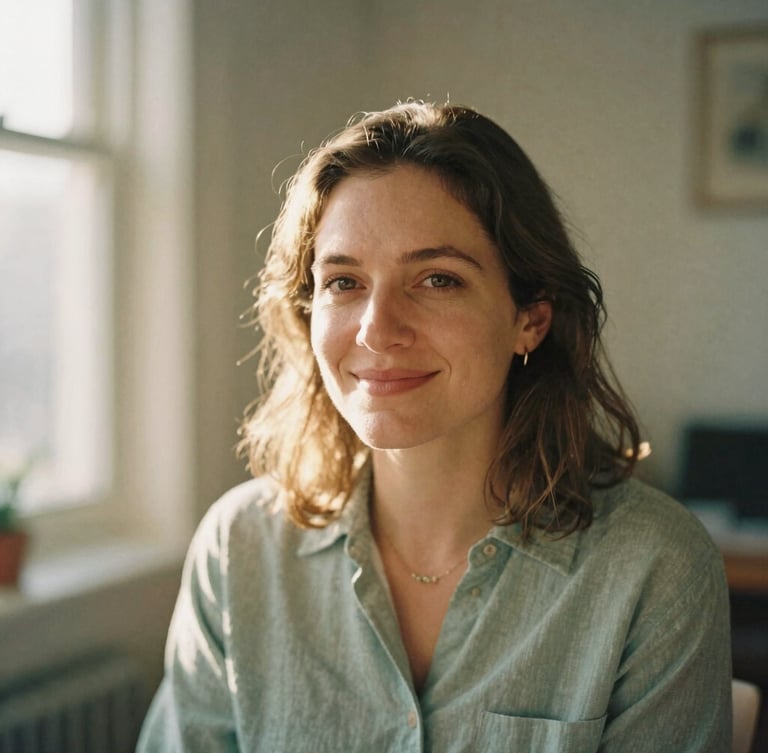 A warm, natural portrait of a female systemic coach in a softly lit room with warm golden sunlight filtering through a window, shallow depth of field, 35mm film, muted sage green and sandy tones, looking slightly off-camera with a welcoming, empathetic smile.