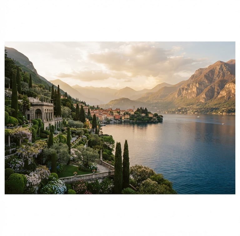 Wide panoramic editorial photograph of Lake Como at golden hour, calm deep blue water, historic villa gardens on the left, soft warm diffused light, 35mm film.