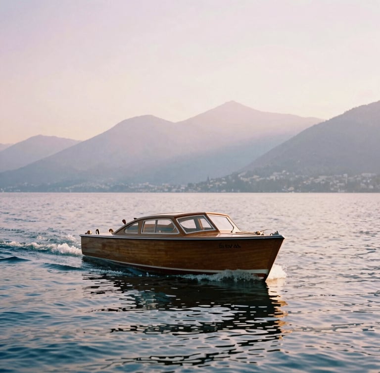 A classic wooden Riva boat cutting through the calm blue waters of Lake Como, soft spray, mountains in the distance, golden hour, 35mm film.