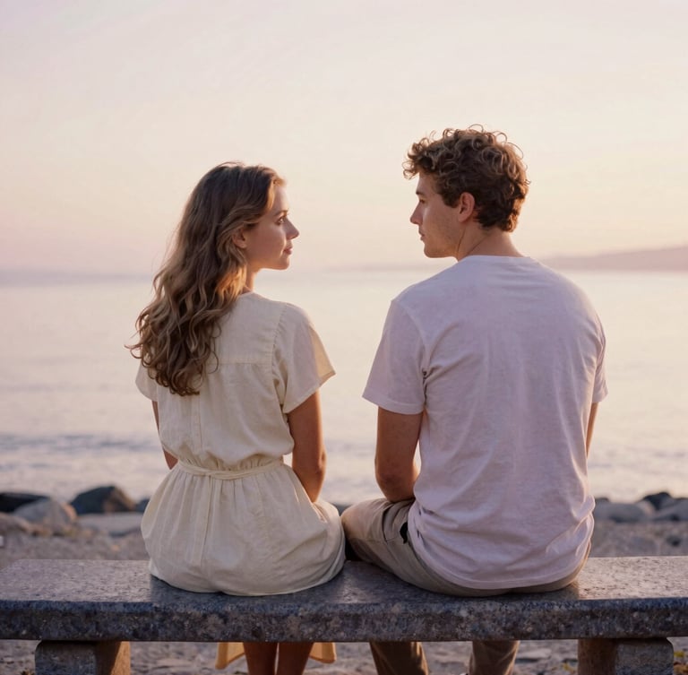 Elena and Marcus sitting on a stone bench by the water, warm golden hour, soft focus, editorial 35mm film style, muted ivory and lilac tones