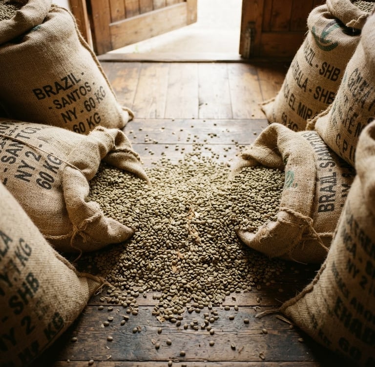 Overhead shot of raw green coffee beans in rustic jute sacks, warm natural light filtering through a wooden warehouse door, shallow depth of field