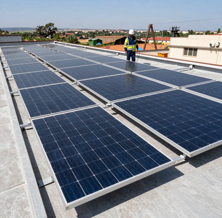 Technician in high-vis gear overseeing a large commercial solar array installation on a rooftop in Limpopo, crisp daylight, wide-angle technical framing.