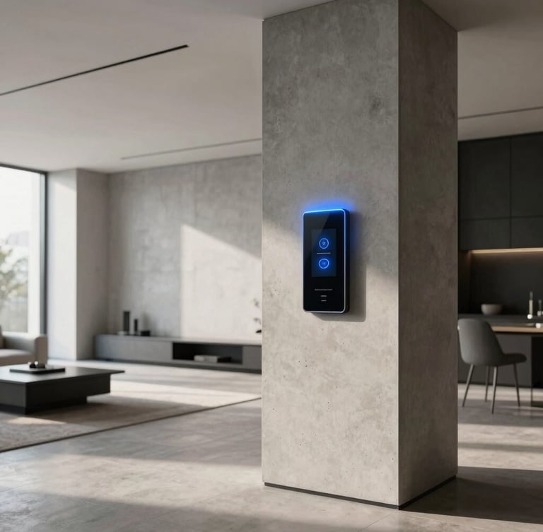 Wide architectural shot of a minimalist luxury living room in Istanbul, a sleek wall-mounted touch panel integrated into a concrete pillar, cool blue LED indicator glows, clean geometric lines, crisp daylight.