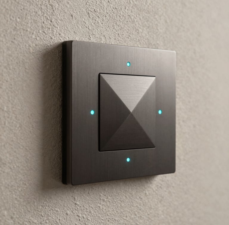 Close-up shot of an elegant, flush-mounted dark metal smart home controller on a textured plaster wall, showing clean geometric interface with subtle cyan LED indicators.