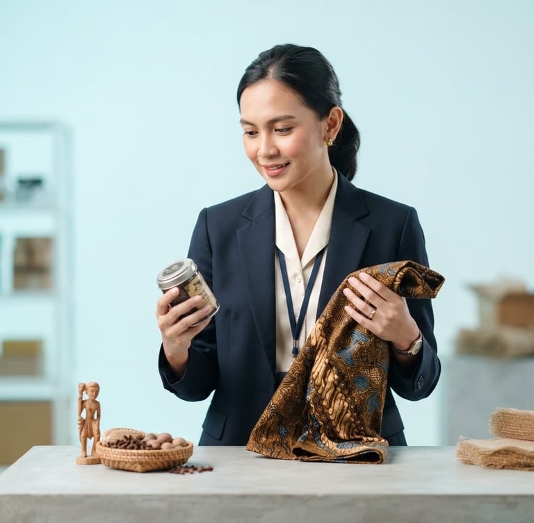 High-end portrait of a global logistics officer analyzing premium Indonesian goods on a cyan-tinted background, sharp studio lighting, 85mm lens