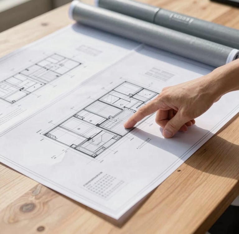 Technical blueprints spread on a clean wooden table, with a hand pointing to a specific section, sharp natural daylight, industrial grey and steel tones, 35mm, architectural photography
