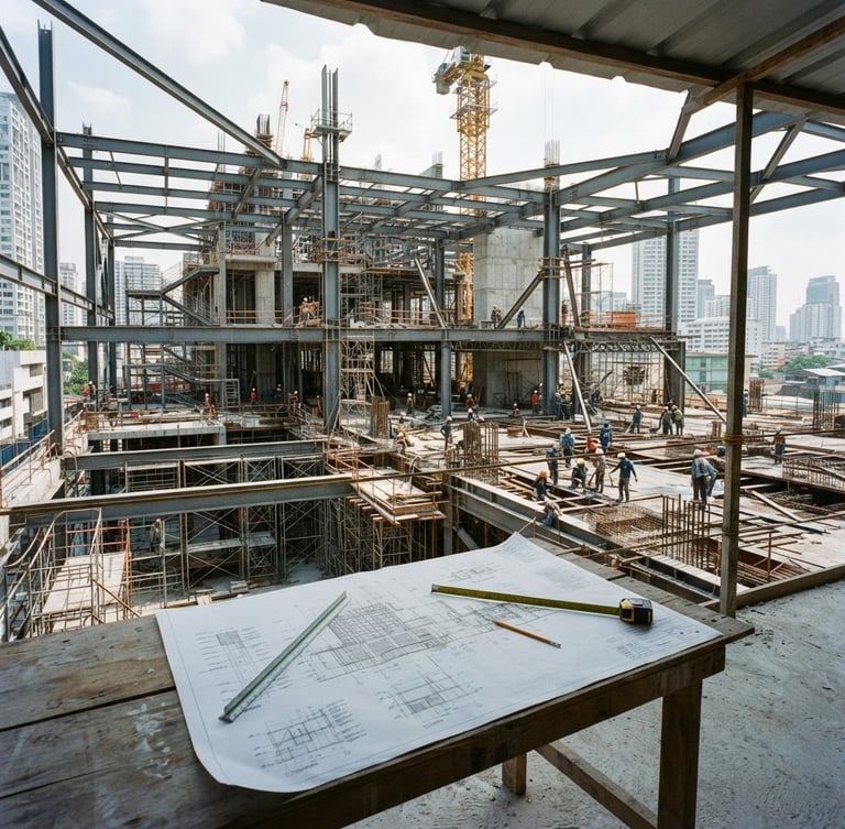 Wide shot of a modern construction site, clean lines, steel beams and concrete, sharp natural daylight, architectural photography, industrial grey and steel tones, 35mm, with a blueprint visible on a table in the foreground.