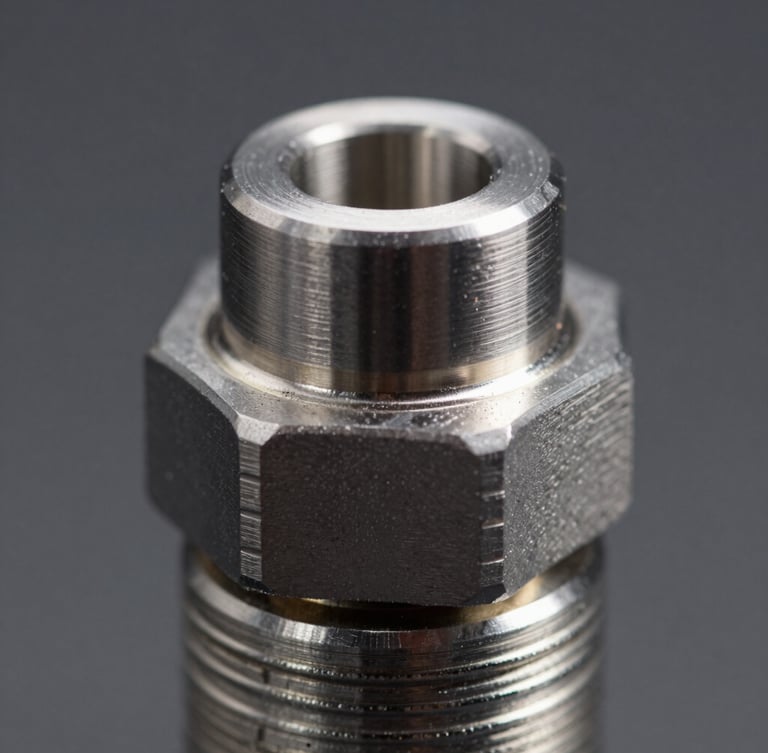 Extreme macro close-up of a milled aluminum mechanical joint, raw brushed texture, harsh directional studio key light, dark neutral gray backdrop.
