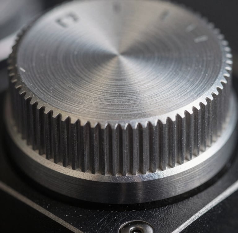 Macro close-up of a brushed aluminum rotary dial, harsh directional key light, showing raw metal texture and millimeter tolerances.