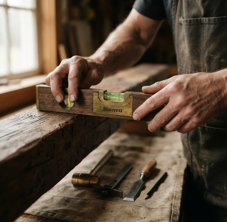 Tight macro shot of a craftsman's hands using a brass-bound spirit level on a heavy oak beam, soft natural window light, clean tools arranged neatly on a protective drop cloth, shallow depth of field, 35mm.