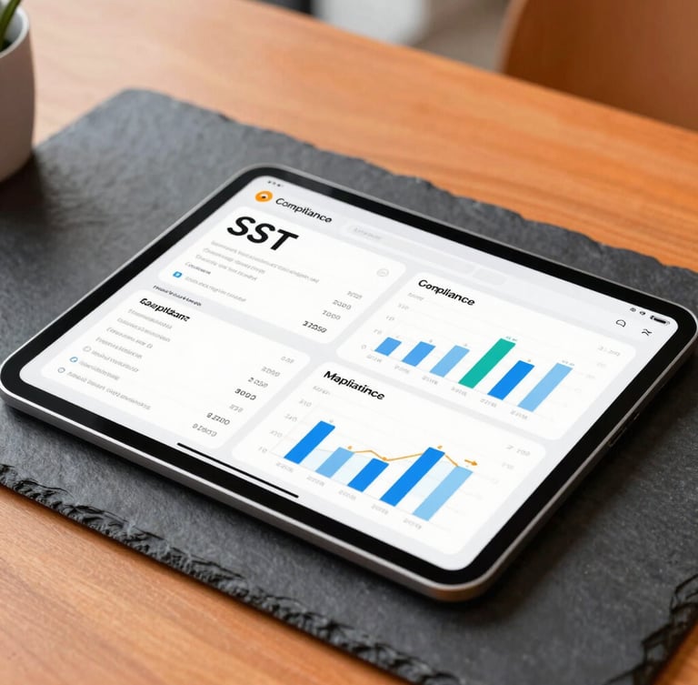Close-up of a tablet on a dark slate desk displaying clean SST compliance dashboards and charts, sharp focus, modern corporate workspace, warm safety-orange accents, natural daylight