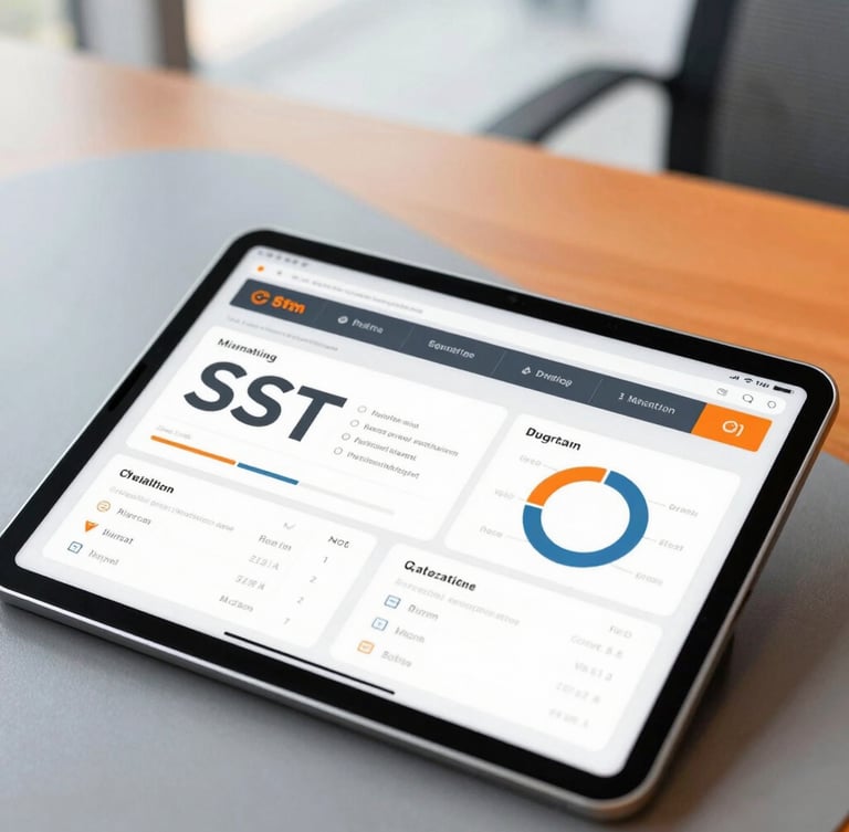 Modern corporate environment, close-up of a tablet displaying clean SST dashboards, professional slate and orange accents, bright natural daylight, 35mm