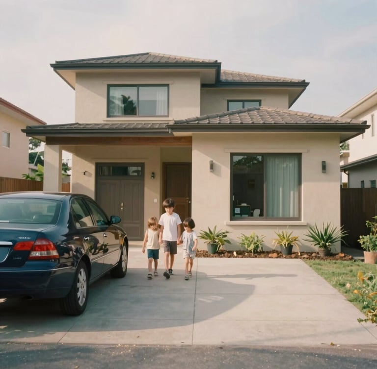 A warm, sunlit modern family home with a car parked in the driveway, soft shadows, 35mm film style, muted earth tones, shallow depth of field.