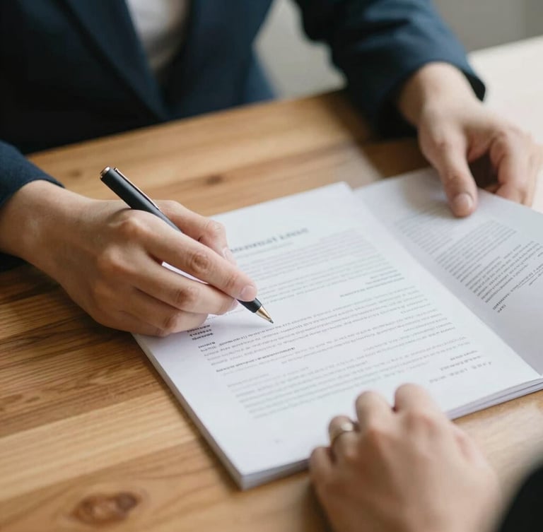 Close-up of hands reviewing a physical commercial lease and insurance documents on a warm wooden table, soft natural daylight, shallow depth of field