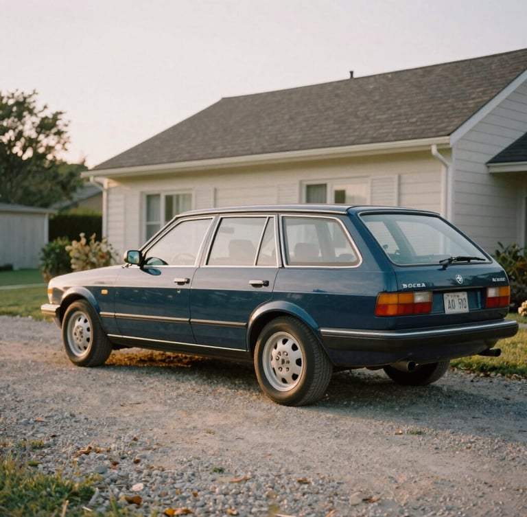 A warm, natural light photograph of a station wagon parked in a gravel driveway of a family home, soft golden hour sunlight, 35mm film style
