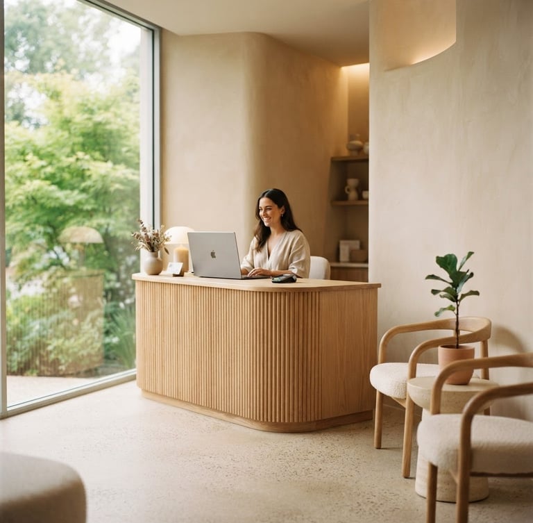 Sunlit, architecturally designed premium clinic reception with soft sand-toned walls, warm minimalist furniture, delicate indoor plants, and soft natural window light, shallow depth of field