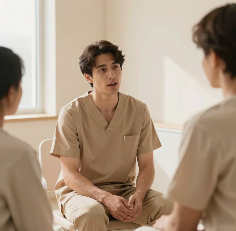 A candid medium shot of a consultant in warm-toned modern scrubs speaking gently with a patient in a sunlit, minimalist consultation room with warm cream walls.