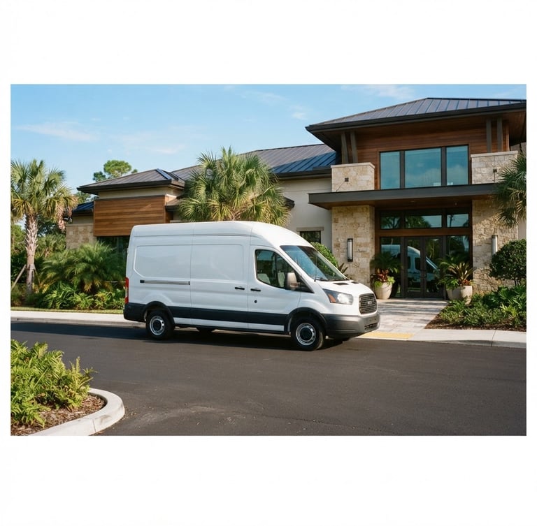 Wide shot of a clean, branded white service van parked in front of a modern Palmetto commercial building under bright Florida morning sunlight, 35mm lens