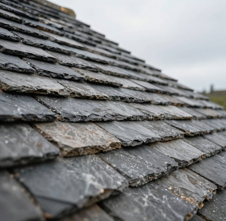 Close-up of weathered Welsh slate roof tiles under soft overcast daylight, architectural texture, clean diagonal lines.