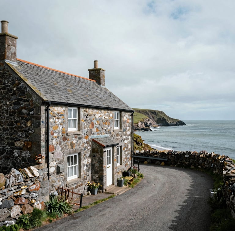 A wide environmental view of the South Wales coastline, weathered stone cottage with slate roof under overcast Welsh daylight, negative space on the right.
