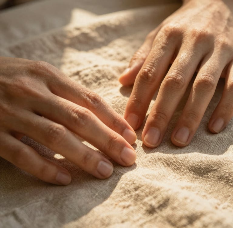 Macro close-up of hands gently touching textured natural linen fabric, warm golden sunlight filtering through leaves, casting soft shadows.