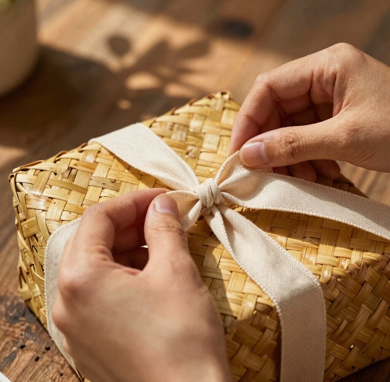Macro close-up of hands tying a soft linen ribbon around a woven straw gift basket, warm golden hour sunlight filtering through leaves, dapple shadows on a rustic wooden table.