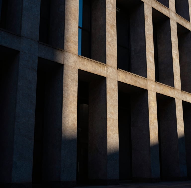 Portrait-oriented, high-contrast, dramatic architectural shot of a modern courthouse facade with sharp angles, strong directional light, deep shadows, and rich dark tones, 35mm.