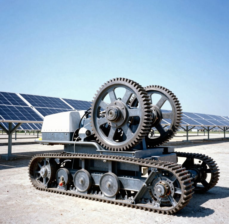 Crisp industrial photography of a heavy mechanical tracker installation, bright daylight, metallic gears and structural steel frames under a clear blue sky, 35mm.