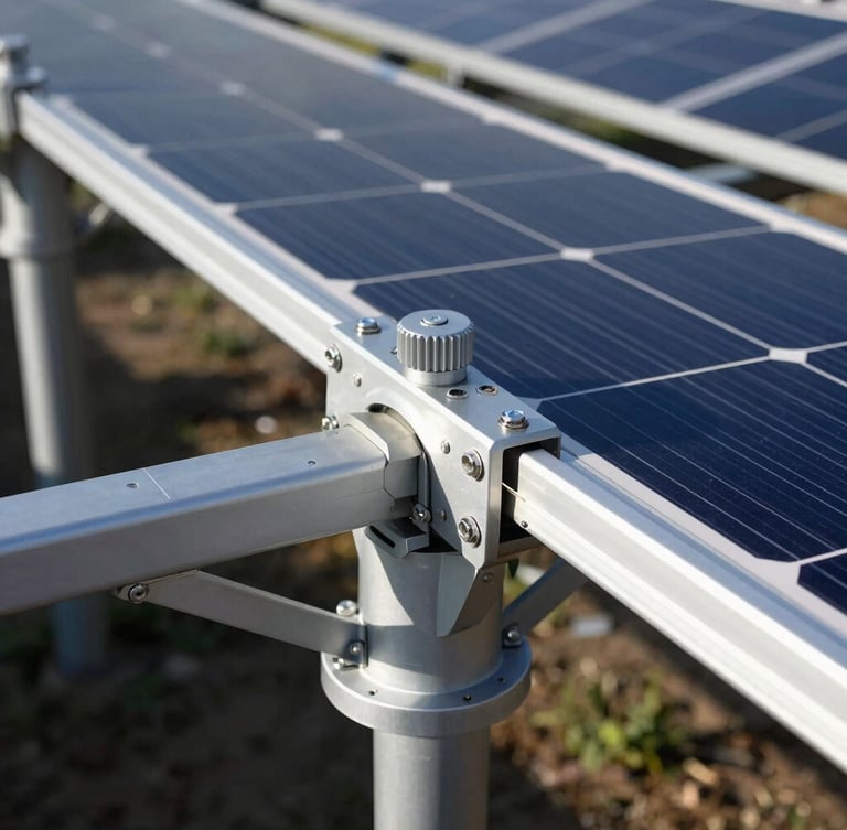 Tight macro shot of a solar tracker mechanical connection under bright morning sun casting sharp shadows, high-contrast industrial detail