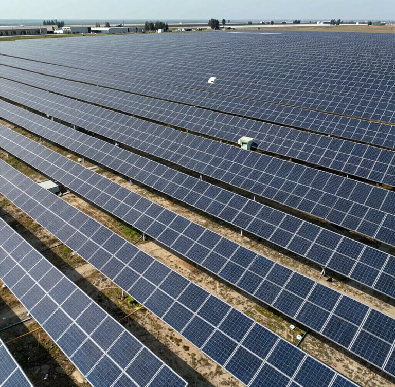 Wide-angle aerial drone shot of a massive utility-scale solar farm stretching to the horizon, bright daylight, sharp shadows on rows of photovoltaic panels, 35mm.