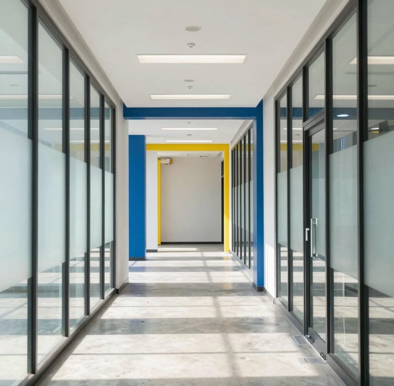 Bright commercial office corridor, midday sun casting clean geometric highlights on polished concrete and glass walls, professional atmosphere, 35mm