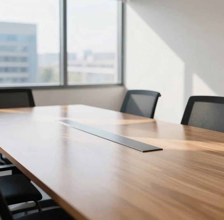 Bright natural midday light, close-up of a pristine polished wooden conference table reflecting a sunlit window, clean minimalist office interior, sharp focus, 35mm