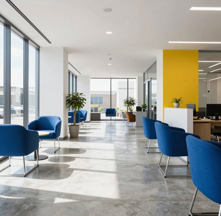 Bright commercial interior photography, clean natural midday light, high-contrast modern office lobby with polished concrete floors and royal blue accent chairs, sharp focus, 35mm