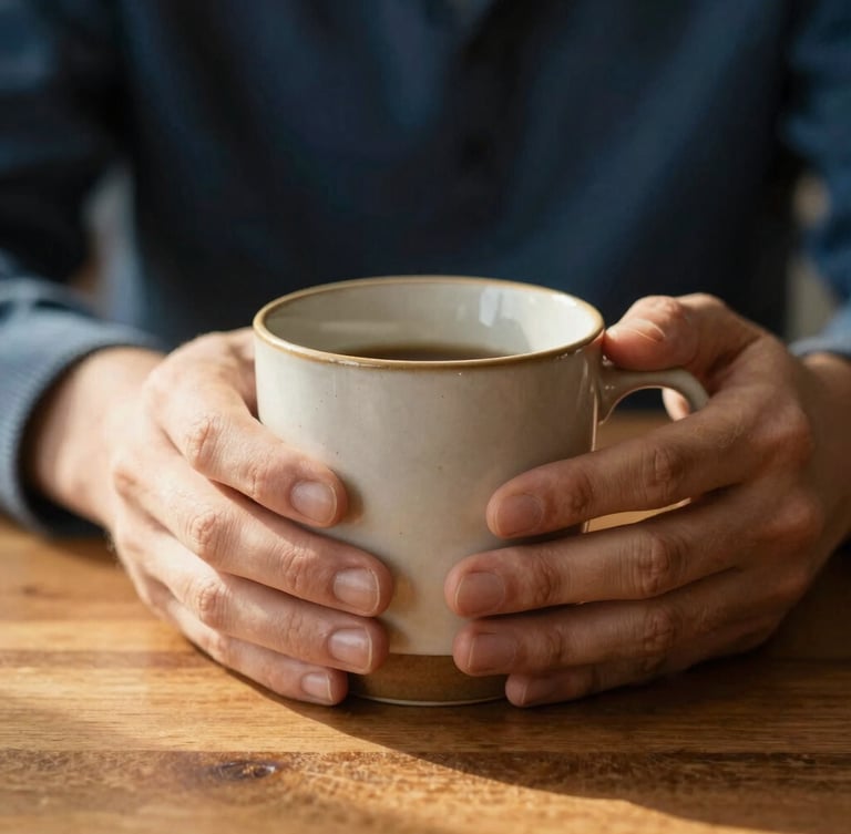 Close-up of hands holding a warm ceramic mug on a wooden table, soft morning light, cozy and grounded atmosphere