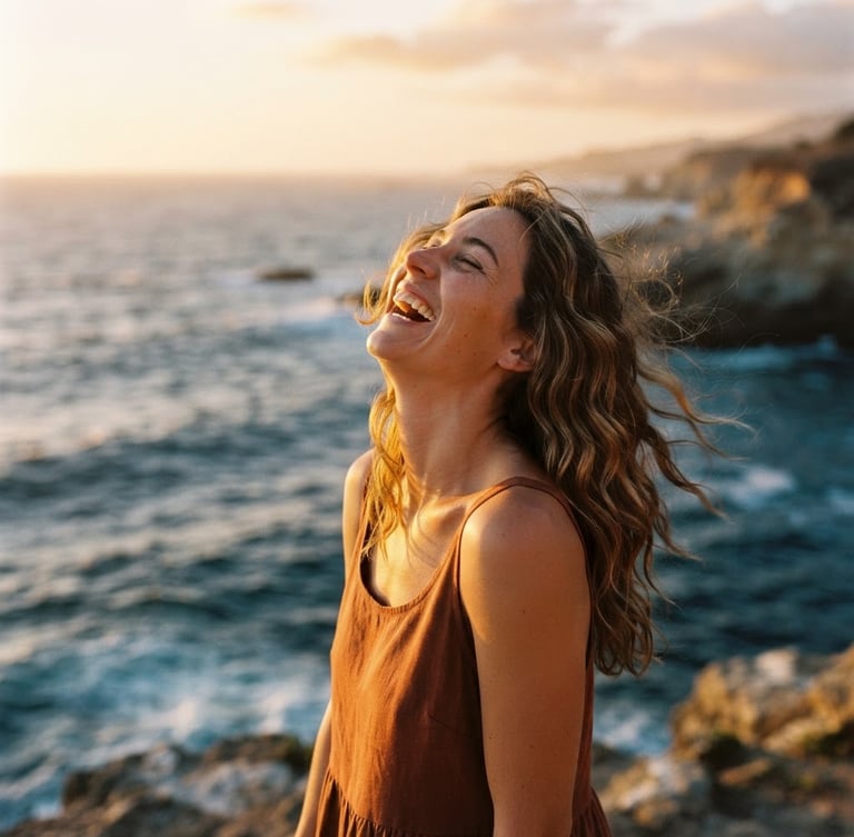 Warm editorial portrait of a person laughing in golden-hour sunlight, head tilted back, soft ocean breeze, deep blue water in background, 35mm photography