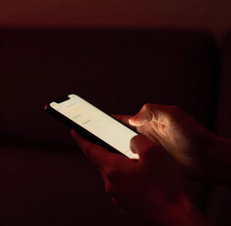 Close-up of hands holding a smartphone with a warm screen glow in a dark room, moody low-key lighting, deep burgundy shadows, 35mm film grain