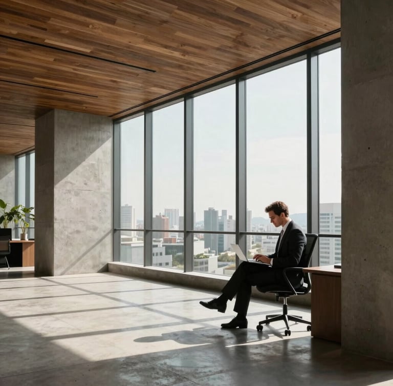 Wide environmental shot of a modern, sophisticated executive office in São Paulo. Soft, natural daylight streams through floor-to-ceiling windows, casting high-contrast shadows. A professional is seen from the side, focused on a notebook, not looking at the camera. Minimalist concrete and warm wood architecture.