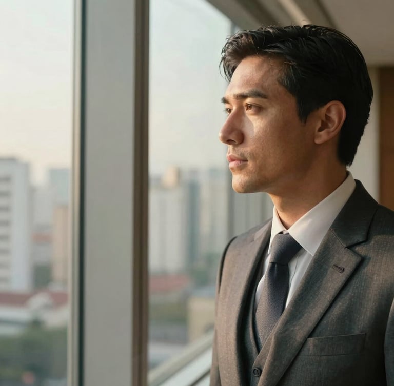 Close-up of a professional in a tailored suit looking thoughtfully out a high-rise window, soft natural morning light, warm tones, architectural lines of São Paulo in the background, elegant and reflective mood.