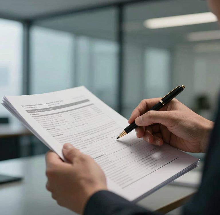 Close-up of a professional analyzing reports in a modern glass office, natural side lighting, sophisticated atmosphere.
