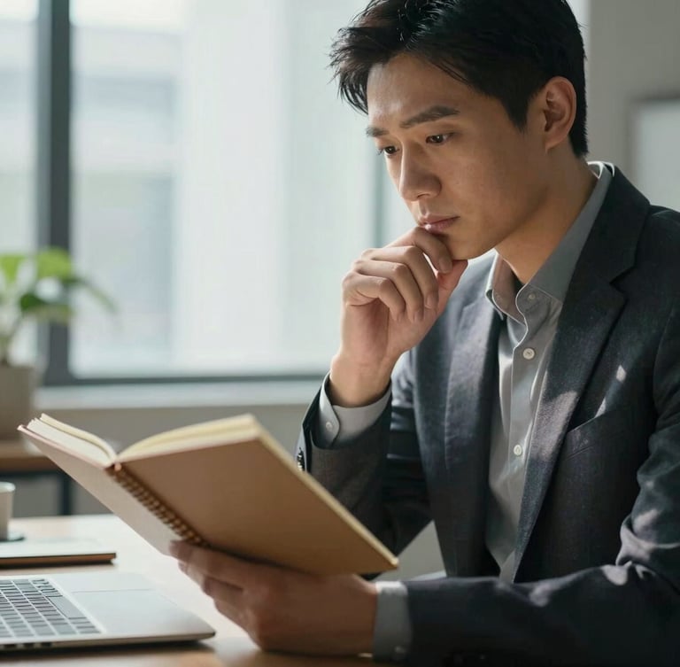 Medium close-up of a professional in a modern, natural-light workspace, looking thoughtfully at a notebook, soft daylight, high contrast, elegant office setting.