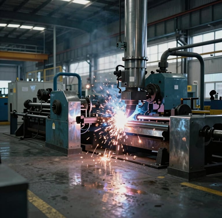Wide environmental shot of a large industrial metal fabrication factory floor with sparks flying from welding, cool metallic reflections, 35mm