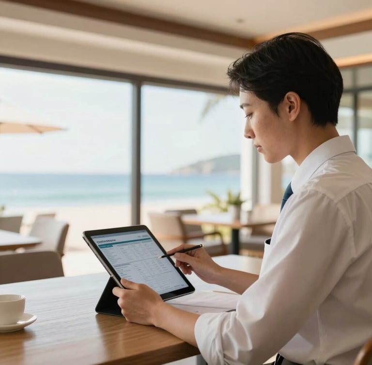 A professional hospitality operator reviewing cloud-based reports on a tablet in a sunlit coastal resort office, warm tones, professional