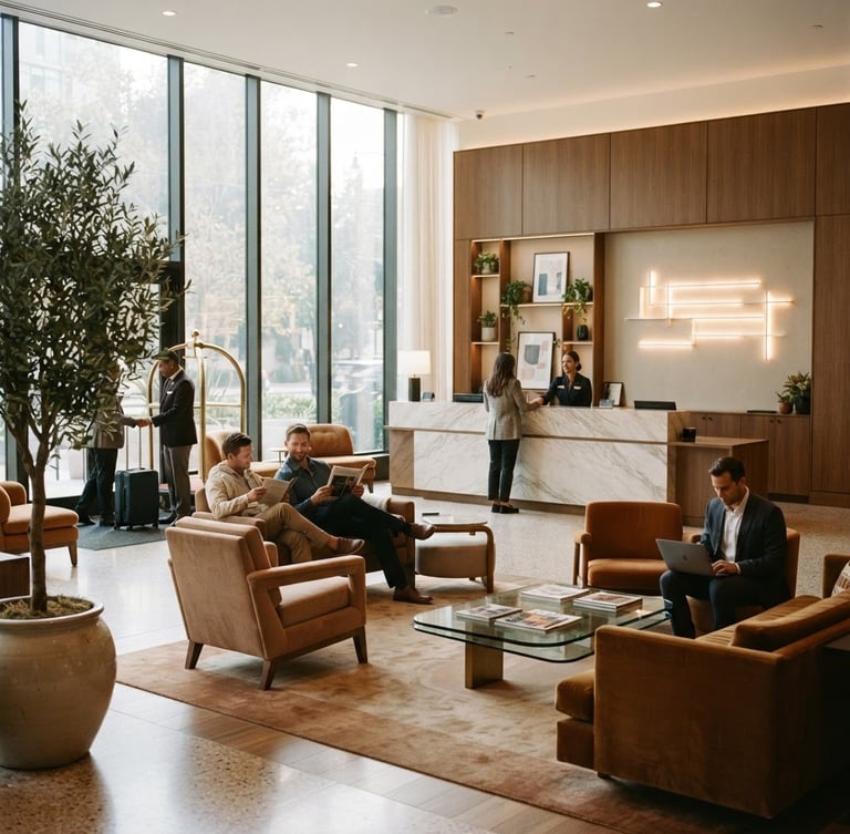 Warm environmental photography of a modern hotel lobby, soft natural daylight, professional hospitality interiors, 35mm