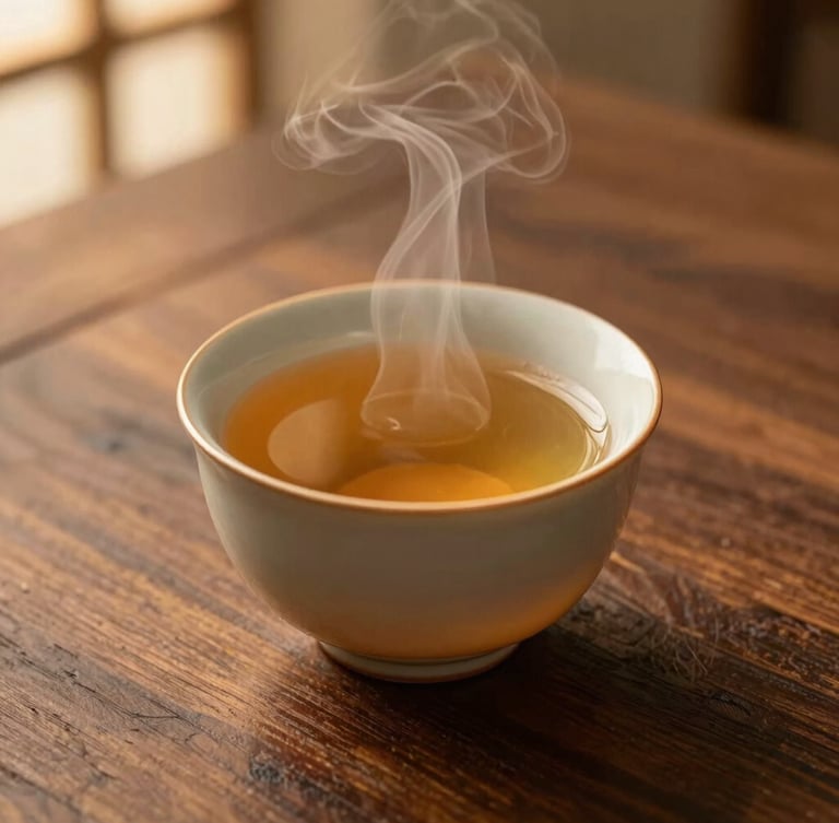 Close-up of a warm ceramic cup of herbal tea steaming on a dark teak wood table, with soft golden-hour light.