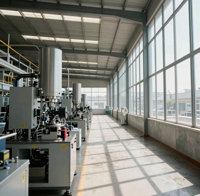 Wide environmental shot of a modern clean manufacturing plant in Querétaro, high-contrast daylight streaming through high windows, precise machinery aligned in perspective.