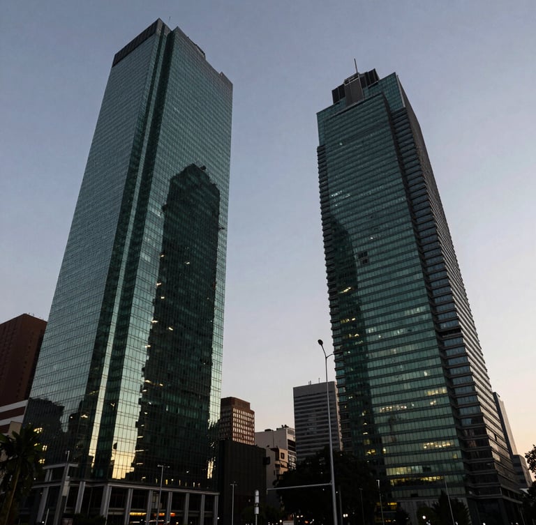 Wide environmental shot of Paseo de la Reforma corporate towers in Mexico City during dusk, high-contrast crisp daylight fading, deep green and obsidian tones reflected in glass facades.