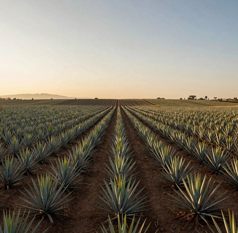 Wide panoramic shot of high-yield agave fields in Jalisco at golden hour, sharp geometric lines of planting stretching to the horizon under a soft warm sky, editorial framing.