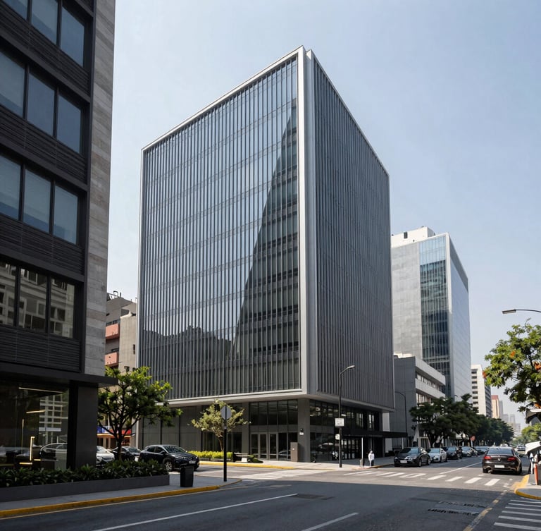 Wide environmental shot of a modern, clean corporate office in Mexico City under crisp, high-contrast daylight, with large windows overlooking Paseo de la Reforma, professional atmosphere, no people.