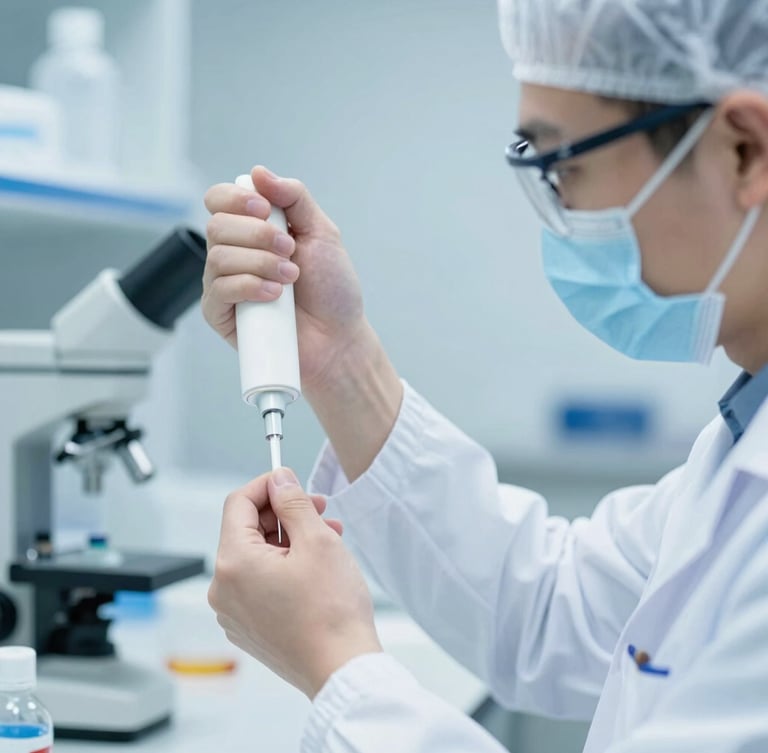 A clean, high-resolution laboratory scene with a researcher in cleanroom attire operating precision pipettes, soft blue backlighting, macro depth of field. Subject in portrait aspect, framed to the right.
